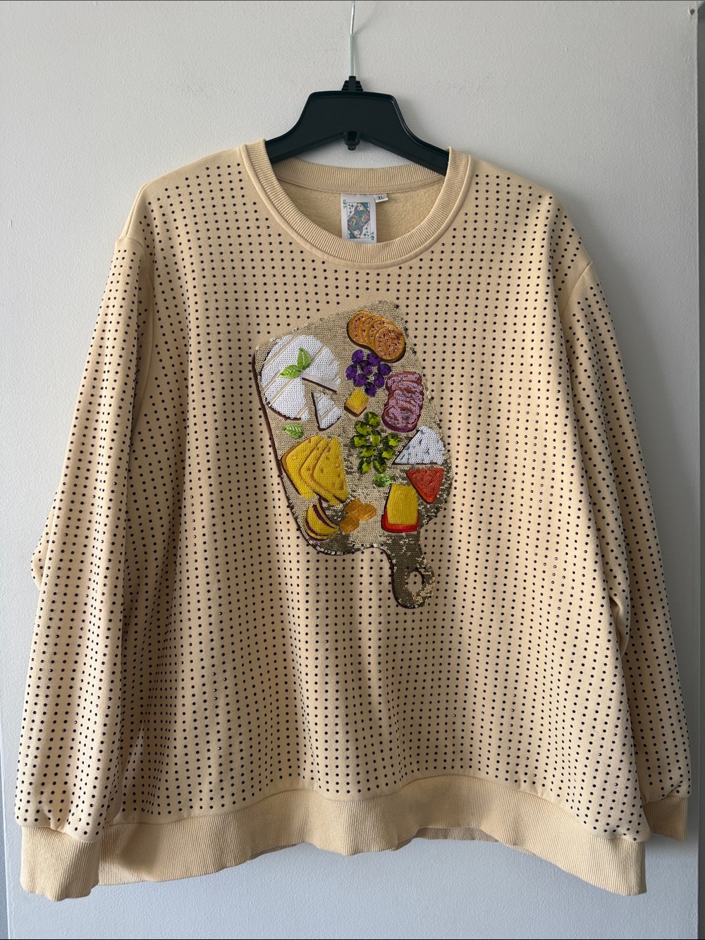 Queen of Sparkles Charcuterie Board Sequin Sweatshirt Beige w/Rhinestones XL